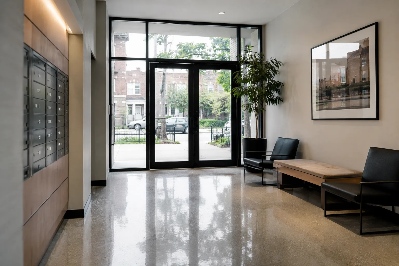Apartment building lobby after cleaning