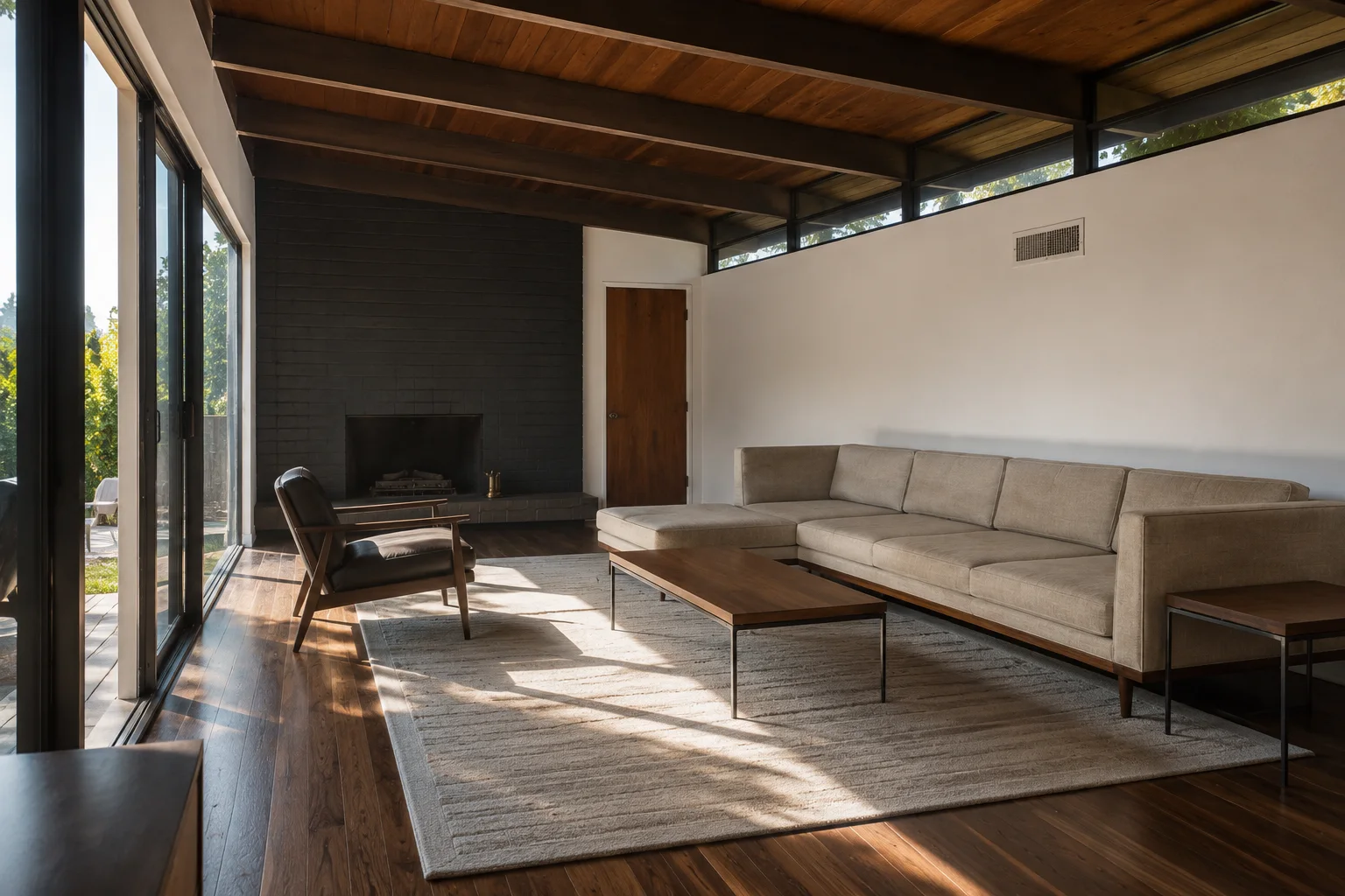 Mid century living room cleaned and floors vacuumed