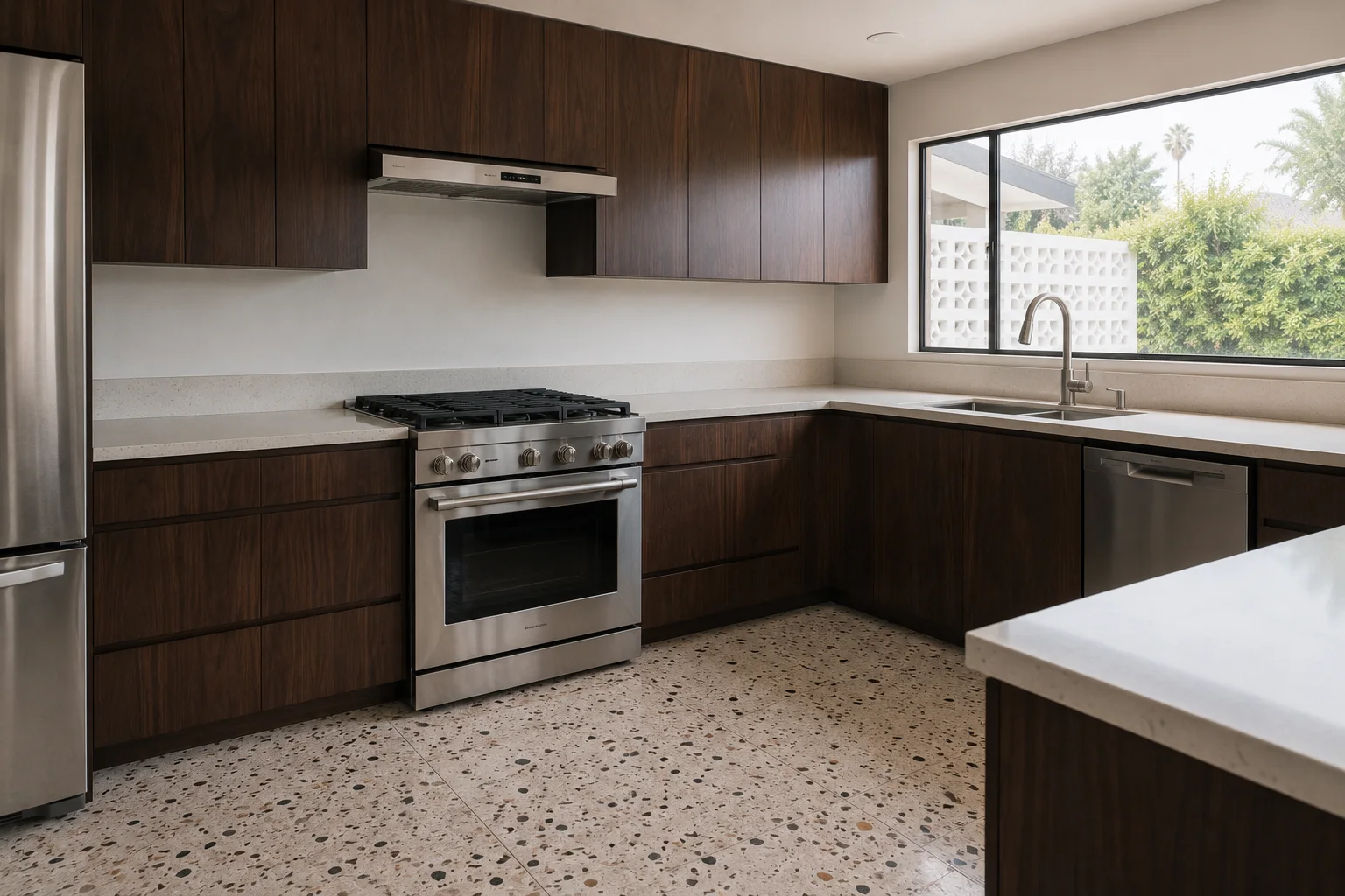 Walnut kitchen wiped down and floors cleaned